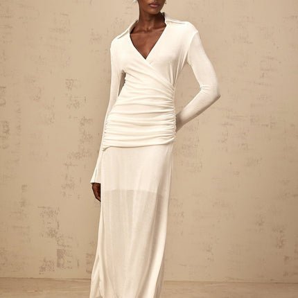 Nora White Stretch Knit Maxi Dress Ruched Detailing Flared Cuffs V-Neck Formal Occasion