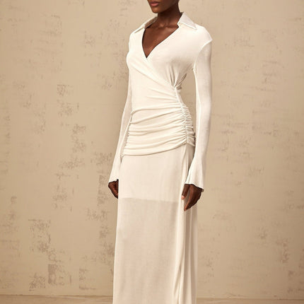 Nora White Maxi Dress with Ruched Detailing and Flared Cuffs