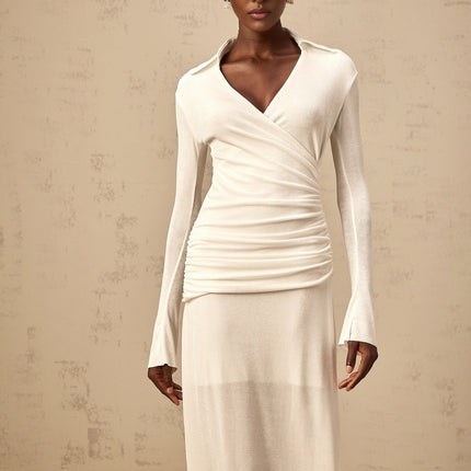 Nora White Stretch Knit Maxi Dress with Ruched Detailing and Flared Cuffs