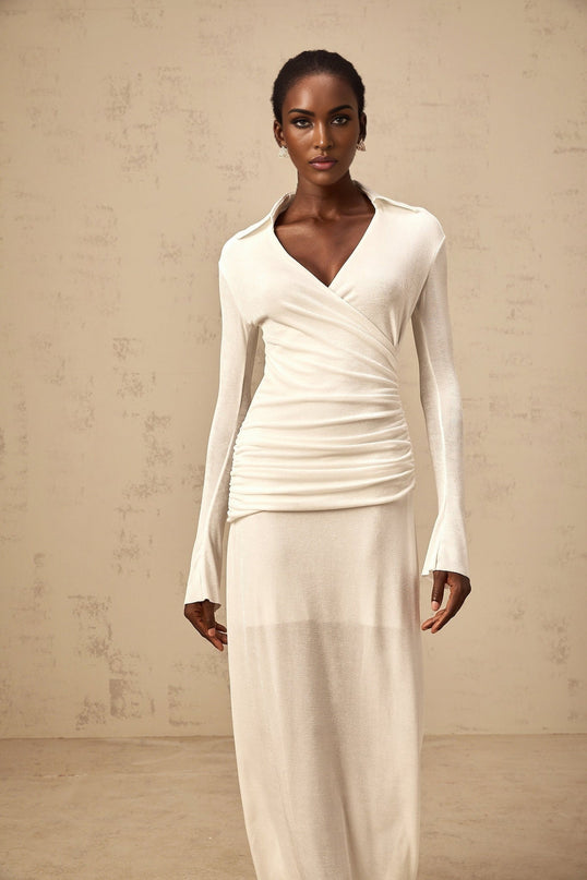 Nora White Stretch Knit Maxi Dress with Ruched Detailing and Flared Cuffs