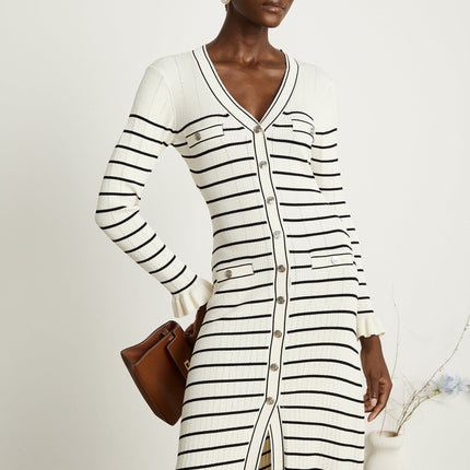 Nora White Striped Midi Dress Acrylic Polyamide V-Neck Fluted Hem Flap Pockets Long Sleeves Button Fastening
