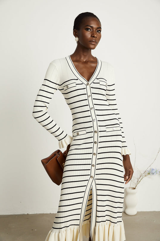 Nora White Striped Midi Dress Acrylic Polyamide V-Neck Fluted Hem Flap Pockets Long Sleeves Button Fastening