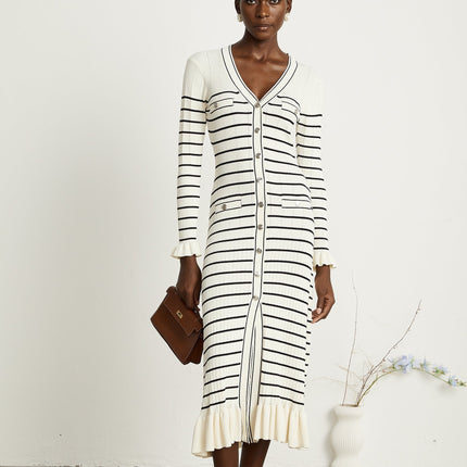 Nora White Striped Midi Dress Acrylic Polyamide V-Neck Fluted Hem Pockets Long Sleeves Button Fastening
