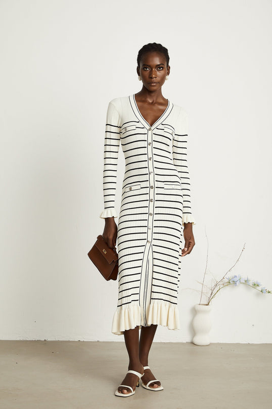 Nora White Striped Midi Dress Acrylic Polyamide V-Neck Fluted Hem Pockets Long Sleeves Button Fastening