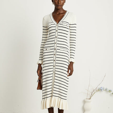 Nora White Striped Midi Dress Acrylic Polyamide V-Neck Fluted Hem Pockets Long Sleeves Button Fastening