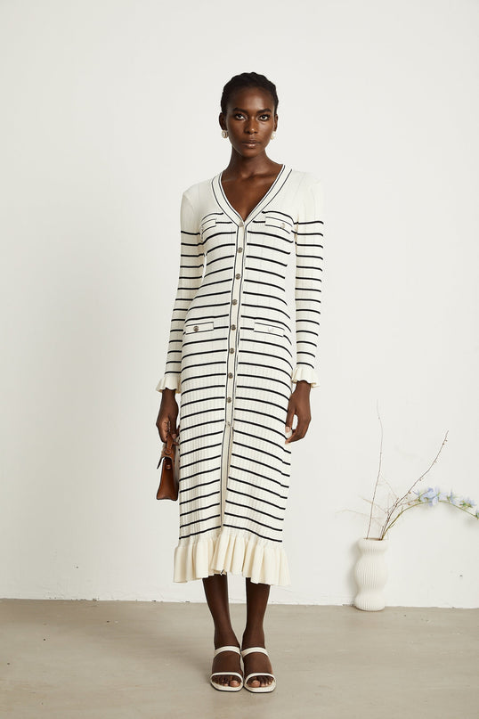 Nora White Striped Midi Dress Acrylic Polyamide V-Neck Fluted Hem Pockets Long Sleeves Button Fastening