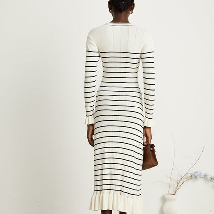 Nora White Striped Midi Dress Acrylic Polyamide V-Neck Fluted Hem Pockets Long Sleeves Button Fastening