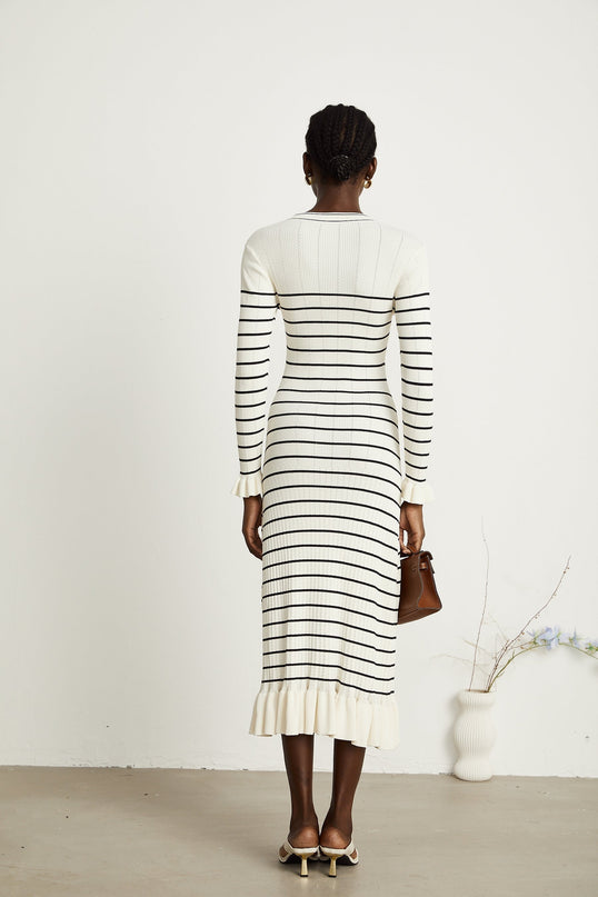 Nora White Striped Midi Dress Acrylic Polyamide V-Neck Fluted Hem Pockets Long Sleeves Button Fastening