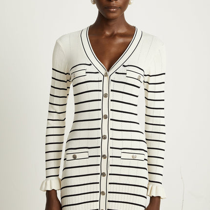Nora White Striped Midi Dress Acrylic Polyamide V-Neck Fluted Hem Pockets Long Sleeves Button Fastening