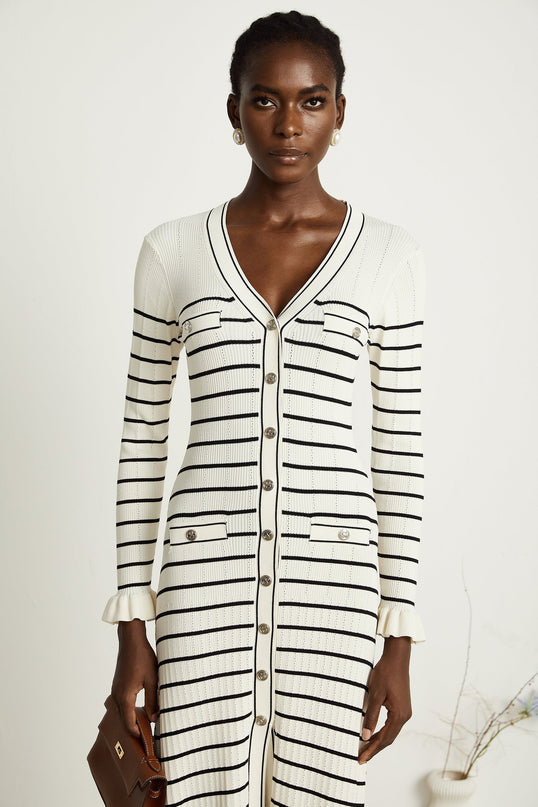 Nora White Striped Midi Dress Acrylic Polyamide V-Neck Fluted Hem Pockets Long Sleeves Button Fastening