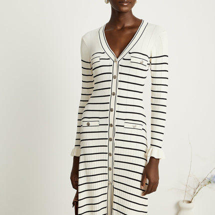 Nora White Striped Midi Dress Acrylic Polyamide V-Neck Fluted Hem Flap Pockets Long Sleeves Button Fastening