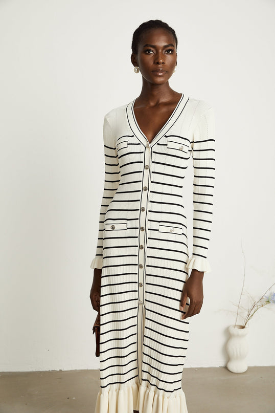 Nora White Striped Midi Dress Acrylic Polyamide V-Neck Fluted Hem Flap Pockets Long Sleeves Button Fastening