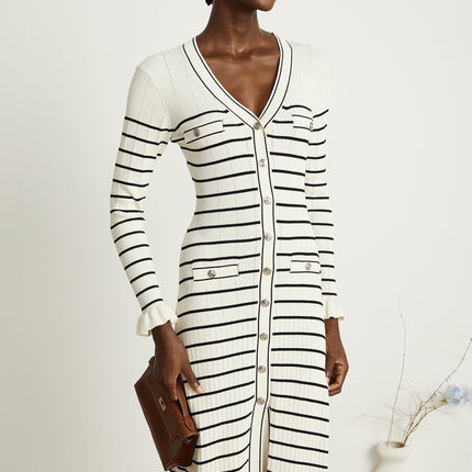 Nora White Striped Midi Dress Acrylic Polyamide V-Neck Fluted Hem Flap Pockets Long Sleeves Button Fastening