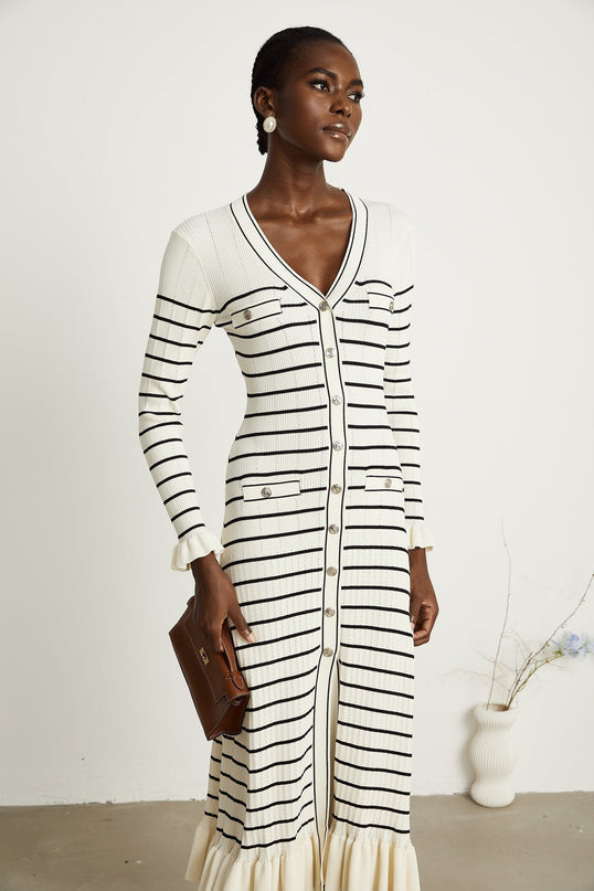 Nora White Striped Midi Dress Acrylic Polyamide V-Neck Fluted Hem Flap Pockets Long Sleeves Button Fastening