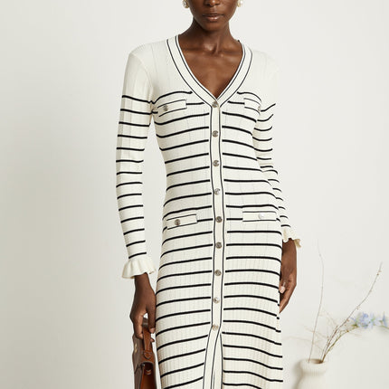 Nora White Striped Midi Dress Acrylic Polyamide V-Neck Fluted Hem Flap Pockets Long Sleeves Button Fastening