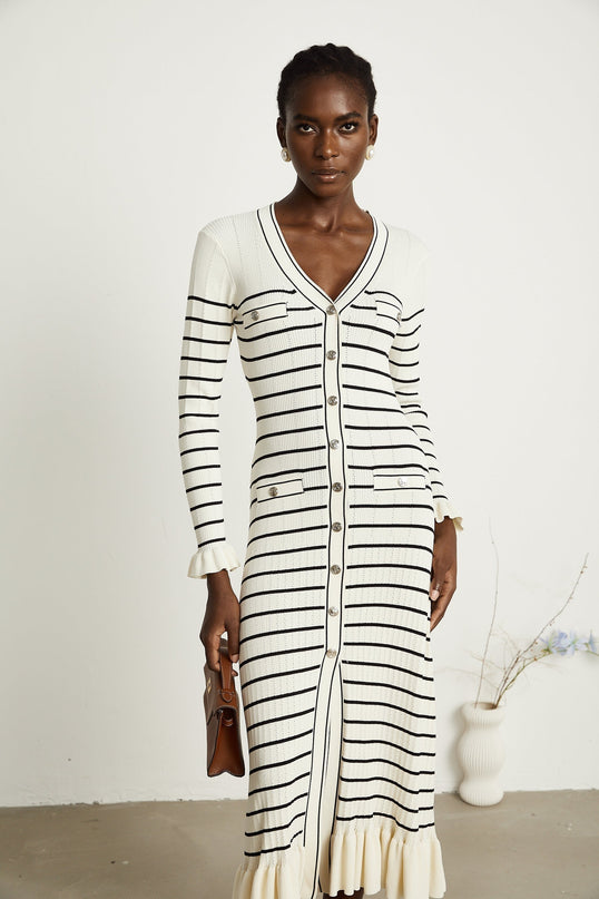 Nora White Striped Midi Dress Acrylic Polyamide V-Neck Fluted Hem Flap Pockets Long Sleeves Button Fastening