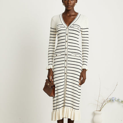 Nora White Striped Midi Dress Acrylic Polyamide V-Neck Fluted Hem Pockets Long Sleeves Button Fastening