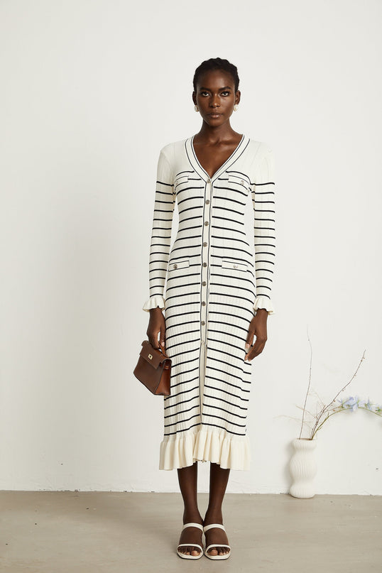 Nora White Striped Midi Dress Acrylic Polyamide V-Neck Fluted Hem Pockets Long Sleeves Button Fastening