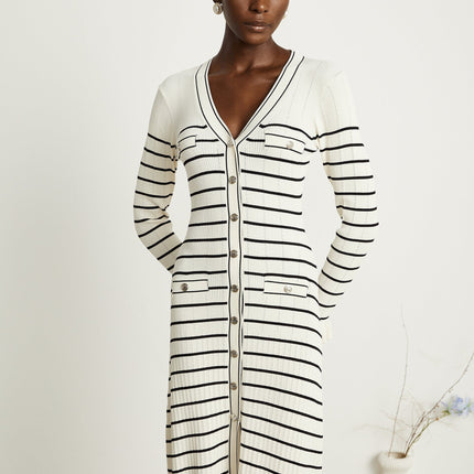 Nora White Striped Midi Dress Acrylic Polyamide V-Neck Fluted Hem Pockets Long Sleeves Button Fastening