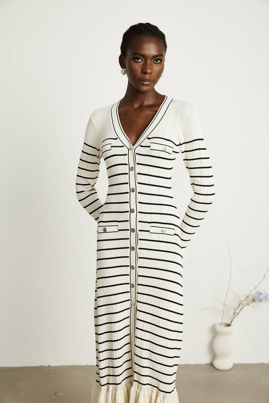 Nora White Striped Midi Dress Acrylic Polyamide V-Neck Fluted Hem Pockets Long Sleeves Button Fastening
