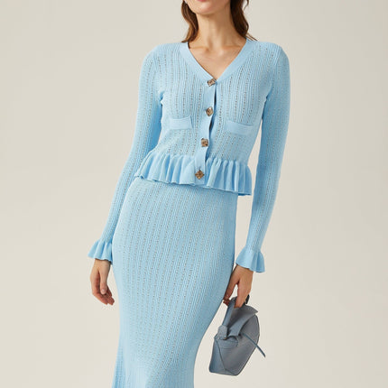 Norah Blue Knitted Skirt and Top Set with Long Sleeves and Flared Cuffs