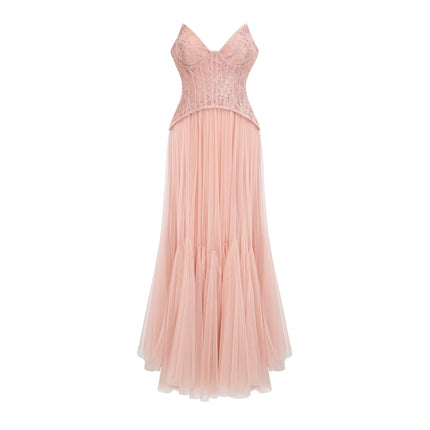 Norah Maxi Dress in Pink lace overlay corset boned bodice godet design chest pads tulle fabric maxi length lined interior rear zip fastening special occasions 95% Terylene 5% Elastane
