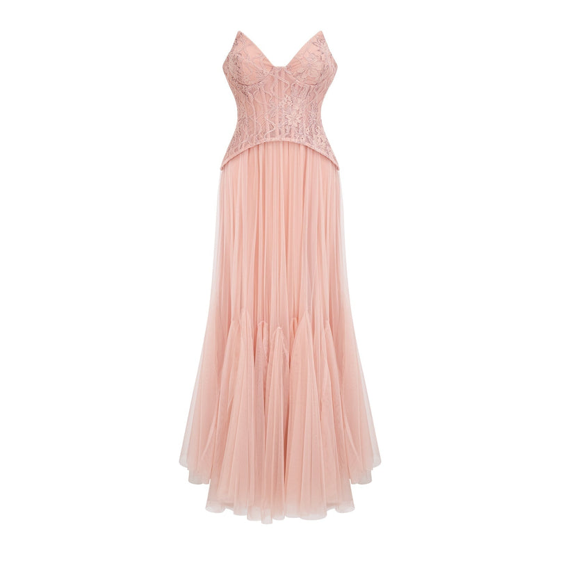 Norah Maxi Dress in Pink lace overlay corset boned bodice godet design chest pads tulle fabric maxi length lined interior rear zip fastening special occasions 95% Terylene 5% Elastane