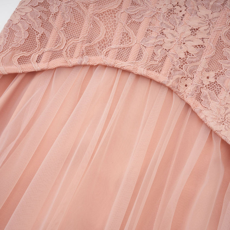 Norah Maxi Dress in Pink lace overlay corset boned bodice godet design chest pads tulle fabric maxi length lined interior rear zip fastening special occasions 95% Terylene 5% Elastane