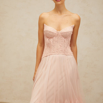 Norah Maxi Dress in Pink lace overlay corset boned bodice godet design chest pads tulle fabric maxi length lined interior rear zip fastening special occasions 95% Terylene 5% Elastane