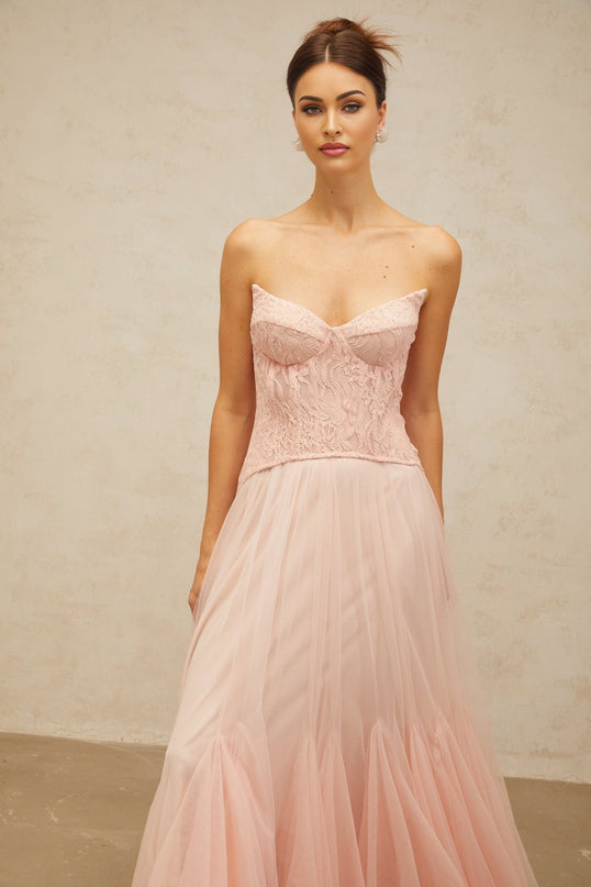 Norah Maxi Dress in Pink lace overlay corset boned bodice godet design chest pads tulle fabric maxi length lined interior rear zip fastening special occasions 95% Terylene 5% Elastane