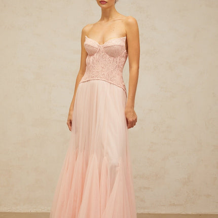 Norah Maxi Dress in Pink lace overlay corset-style boned bodice godet design tulle fabric chest pads special occasions 95% Terylene 5% Elastane