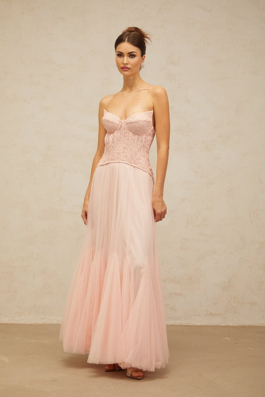 Norah Maxi Dress in Pink lace overlay corset-style boned bodice godet design tulle fabric chest pads special occasions 95% Terylene 5% Elastane