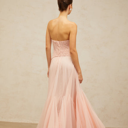 Norah Maxi Dress in Pink lace overlay corset boned bodice godet design chest pads tulle fabric maxi length lined interior rear zip fastening special occasions 95% Terylene 5% Elastane