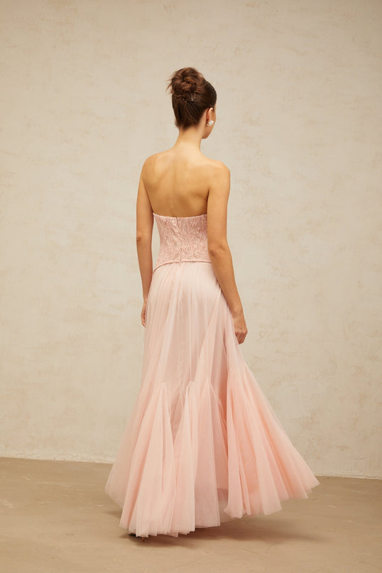 Norah Maxi Dress in Pink lace overlay corset boned bodice godet design chest pads tulle fabric maxi length lined interior rear zip fastening special occasions 95% Terylene 5% Elastane