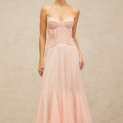 Norah Pink Lace Maxi Dress with Godet Design and Boned Bodice