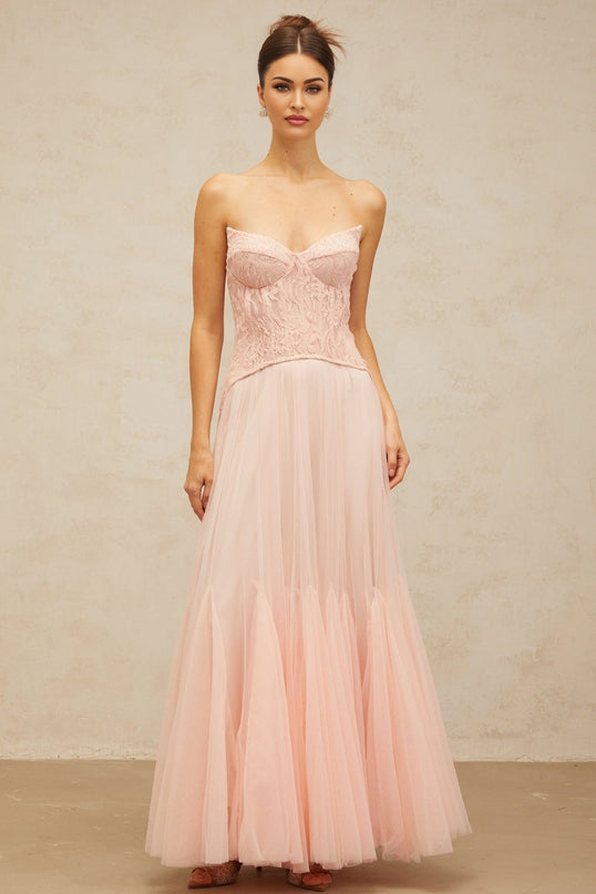 Norah Pink Lace Maxi Dress with Godet Design and Boned Bodice