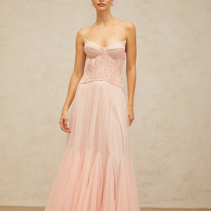 Norah Pink Lace Maxi Dress with Boned Bodice and Godet Design