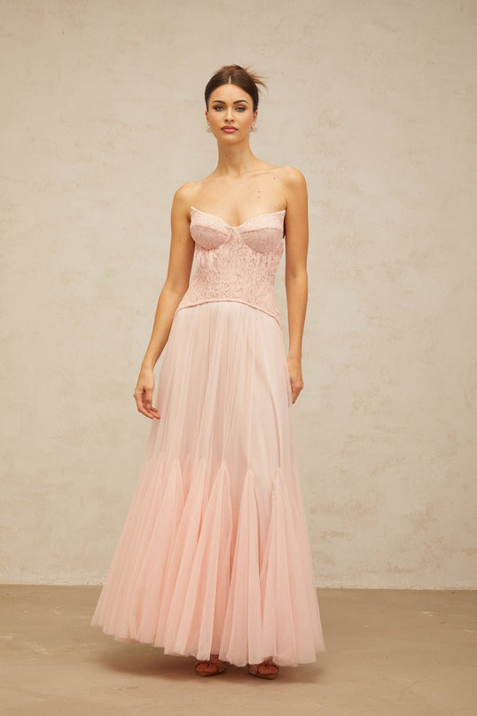 Norah Pink Lace Maxi Dress with Boned Bodice and Godet Design