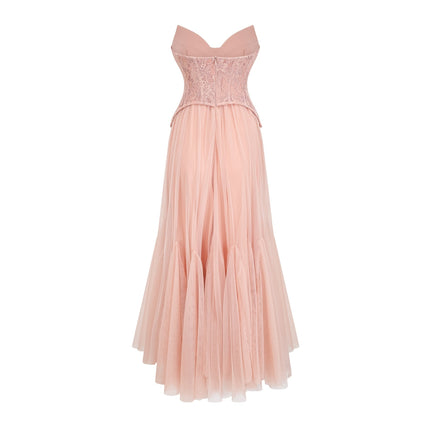 Norah Pink Lace Maxi Dress with Boned Bodice and Godet Design