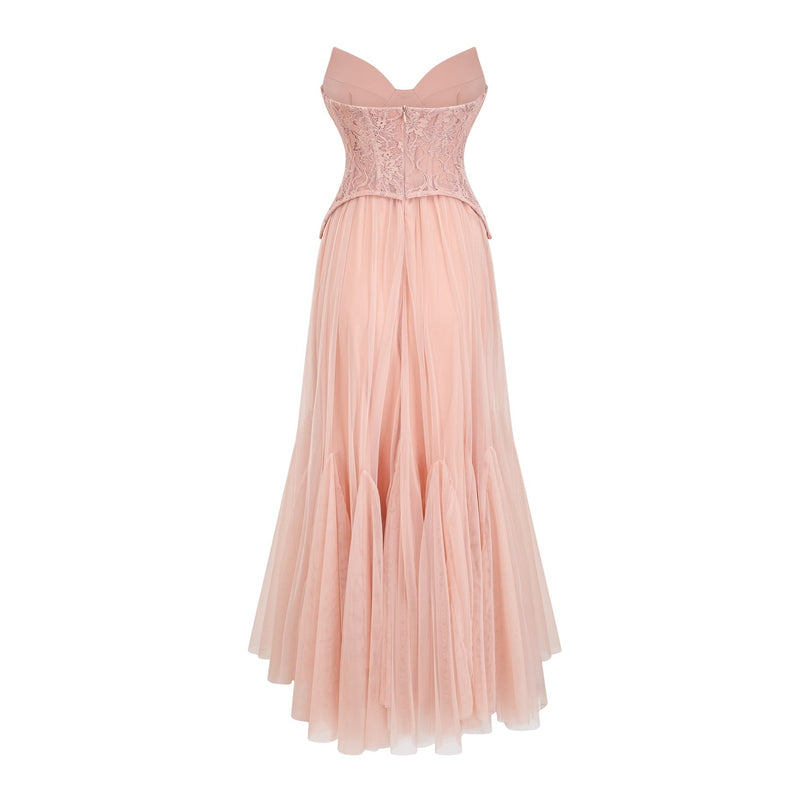 Norah Pink Lace Maxi Dress with Boned Bodice and Godet Design