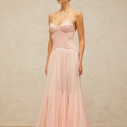 Norah Pink Lace Maxi Dress with Boned Bodice and Godet Design