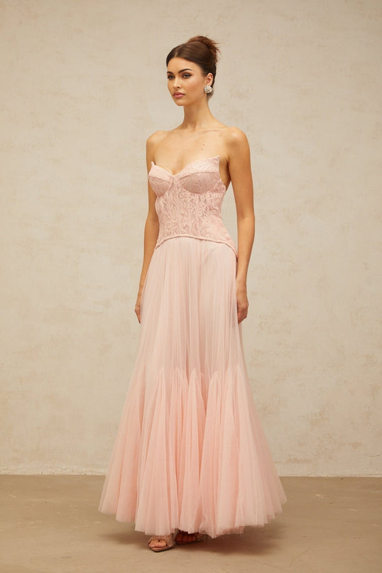 Norah Pink Lace Maxi Dress with Boned Bodice and Godet Design