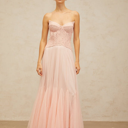 Norah Pink Lace Maxi Dress with Boned Bodice and Godet Design in Tulle Fabric for Special Occasions