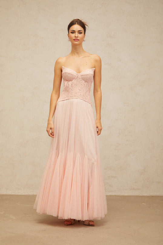 Norah Pink Lace Maxi Dress with Boned Bodice and Godet Design in Tulle Fabric for Special Occasions