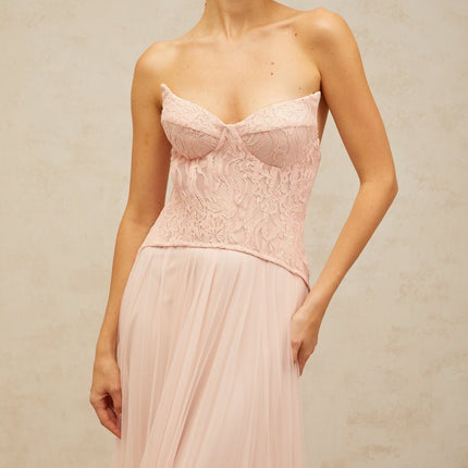 Norah Pink Lace Overlay Maxi Dress with Boned Bodice and Godet Design