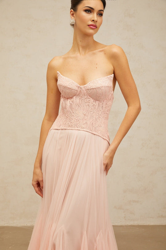 Norah Pink Lace Overlay Maxi Dress with Boned Bodice and Godet Design
