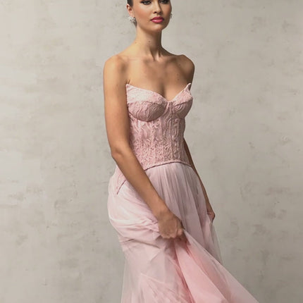 Norah Pink Lace Overlay Maxi Dress with Boned Bodice and Godet Design