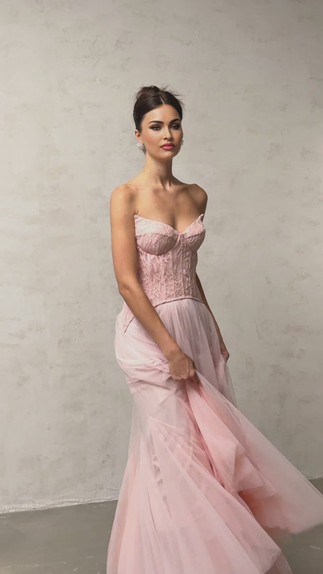 Norah Pink Lace Overlay Maxi Dress with Boned Bodice and Godet Design