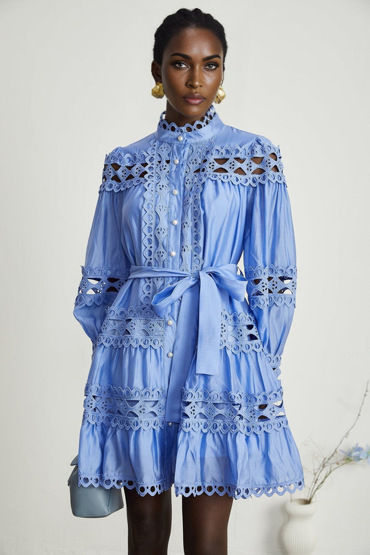 Nova Blue Cut-out Lace Mini Dress with Pearl-like Button Detail