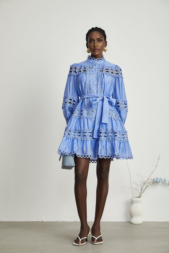 Nova Blue Cut-out Lace Mini Dress Acetate Fiber Pearl Button Closure Women's Fashion
